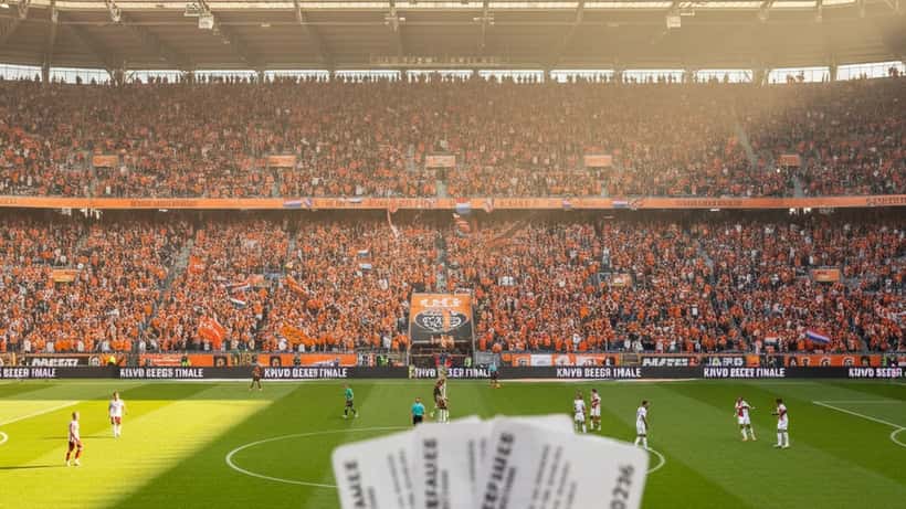 De Kuip stadion Rotterdam vol oranje KNVB-bekerfinalesupporters die hun tickets vasthouden