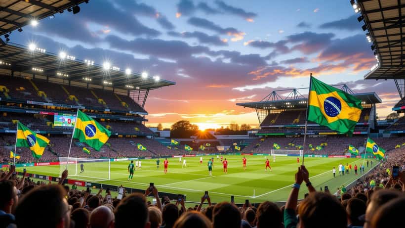 Fotbollsmatch mellan Skottland och Brasilien 2026 med fans och flaggor på läktarna