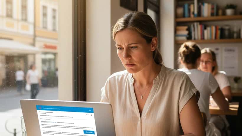 Deutsche Frau prüft TUI-Buchungsbestätigung am Laptop in Münchner Café bei Urlaubsplanung