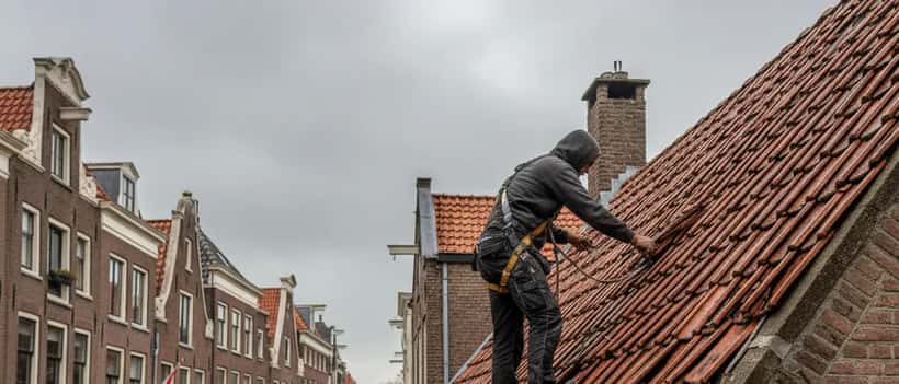 Nederlandse dakdekker in werkkleding die stormschade aan een bakstenen huis repareert