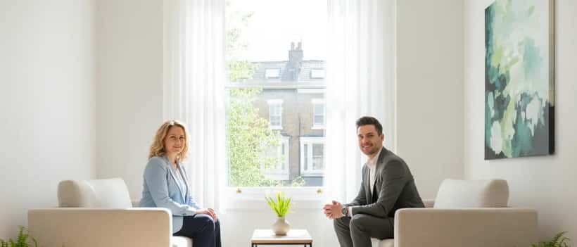 Woman in a calm therapy session with a specialist in a bright modern consultation room in the UK