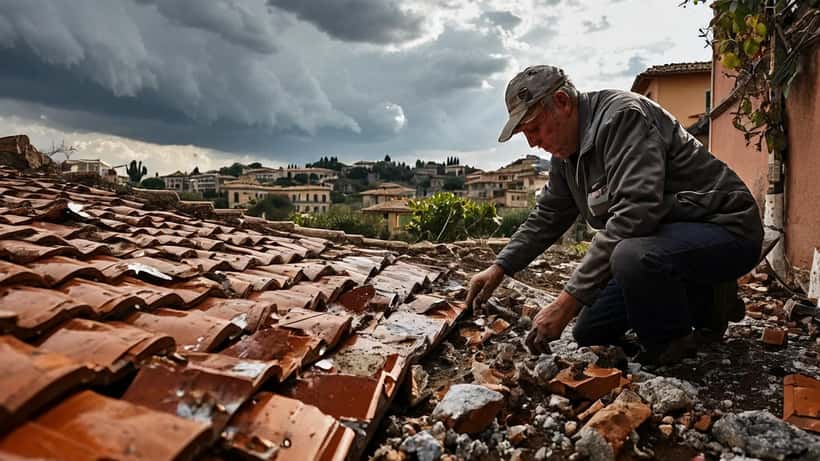 Proprietario di casa che ispeziona danni da grandine su tetto in tegole dopo temporale primaverile in Italia