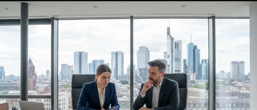 Vermögensberaterin und Mandantin prüfen Erbschaftsunterlagen in einem modernen Frankfurter Büro