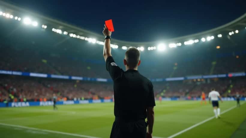 Árbitro mostrando cartão vermelho durante jogo da Champions League à noite no Estádio da Luz