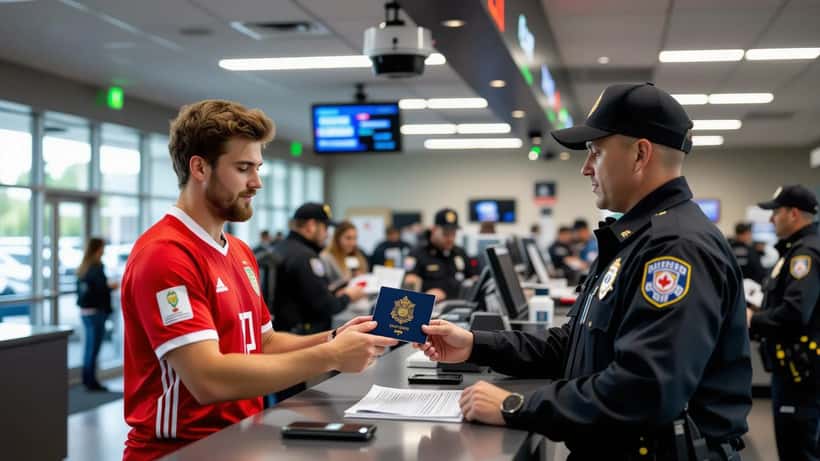 Canadian soccer fan handing a passport to a US border officer at a port-of-entry booth