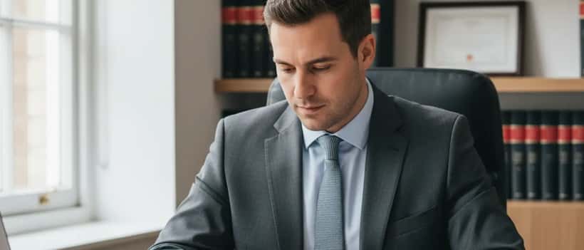 British employment solicitor reviewing legal documents at office desk with natural light