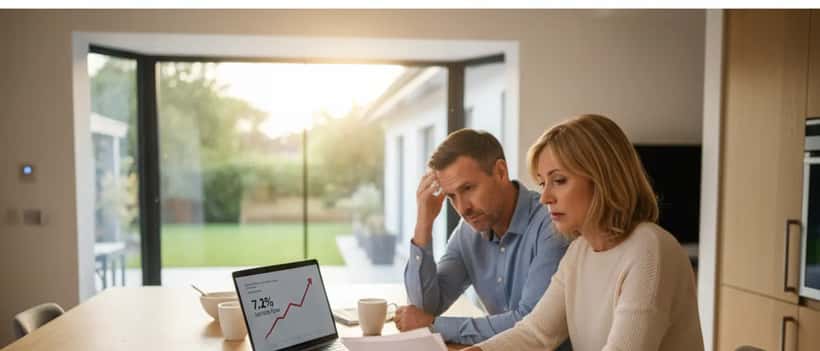 Couple reviewing mortgage documents at kitchen table as rates rise in 2026
