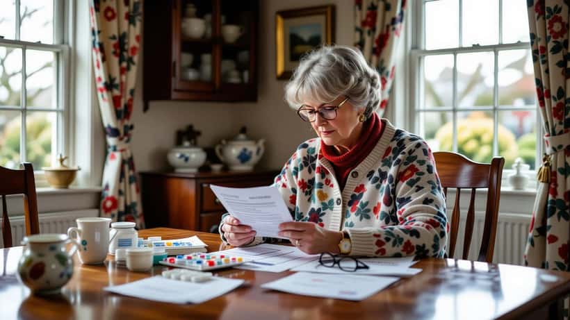 Woman reviewing HRT prescription packaging at kitchen table in a British home
