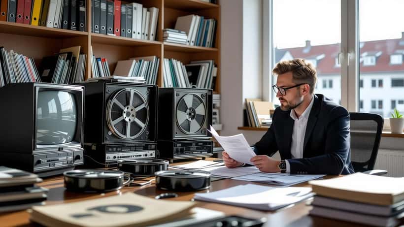 Dansk advokat gennemgår ophavsretsdokumenter og gamle filmruller i et København-kontor