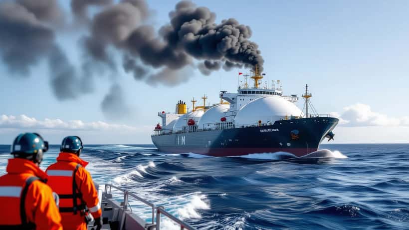 LNG tankskip til havs med røyksky i Middelhavet