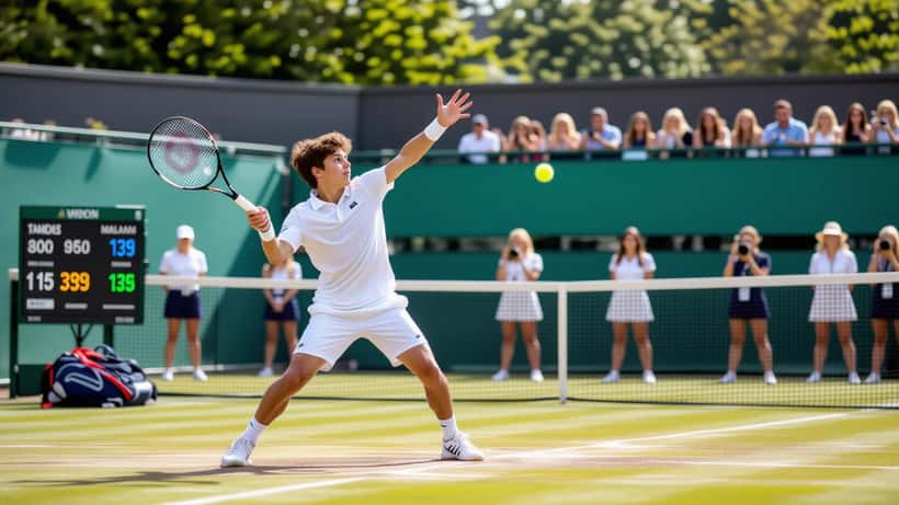 Cruz Hewitt, jeune joueur de tennis en plein service sur un court de gazon lors d'un tournoi international junior