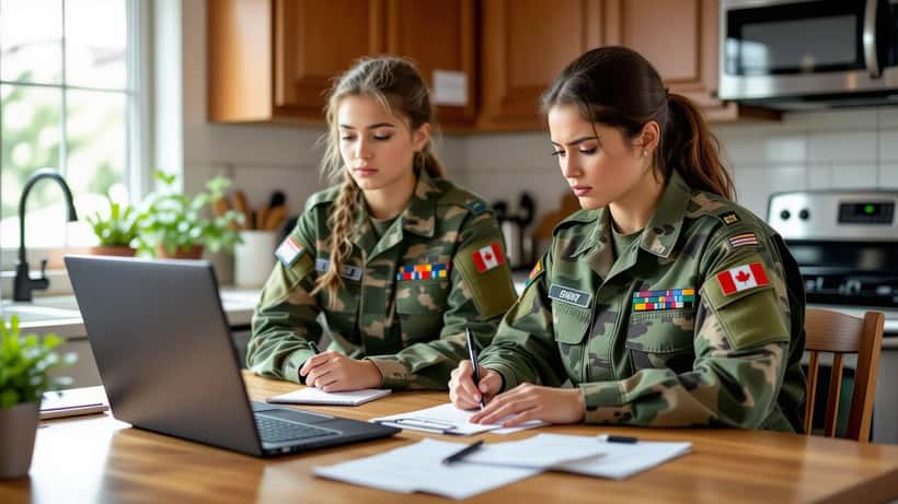 Une mère canadienne consulte des informations juridiques pendant que sa fille en uniforme de cadets attend en arrière-plan