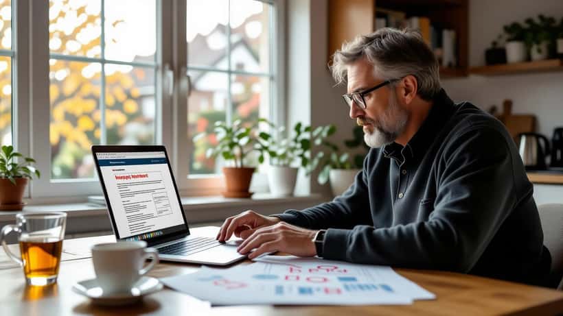 Concerned UK investor reviewing suspicious investment offer documents at kitchen table in 2026