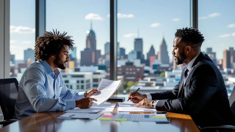 Young NFL running back reviewing rookie contract documents with a sports attorney in an Indianapolis law office