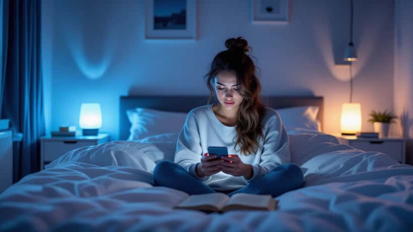 Anxious woman doomscrolling news on her phone late at night in a dim bedroom