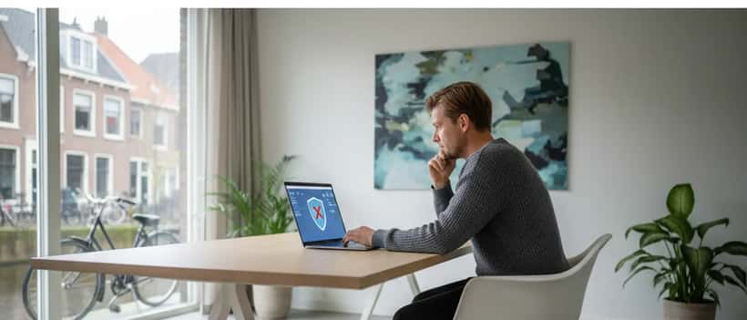 Nederlander achter laptop met bezorgde uitdrukking over privacywaarschuwing op scherm