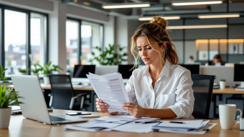 Erschöpfte Büromitarbeiterin hält Arbeitsunfähigkeitsbescheinigung an ihrem Schreibtisch in Hamburg
