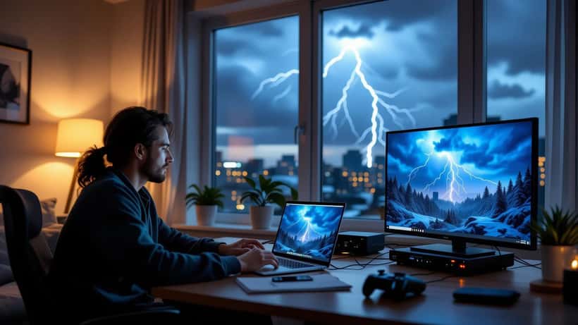 Person unplugging consumer electronics from surge protector power bar during severe weather warning power outage in Canada
