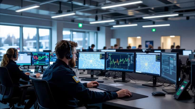 Hätäkeskuspäivystäjä 112-puhelinkeskuksessa monitoreilla hälytyskartta