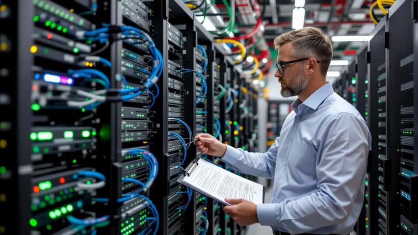 IT-konsult undersöker GPU-servrar i ett modernt datacenter i Stockholm