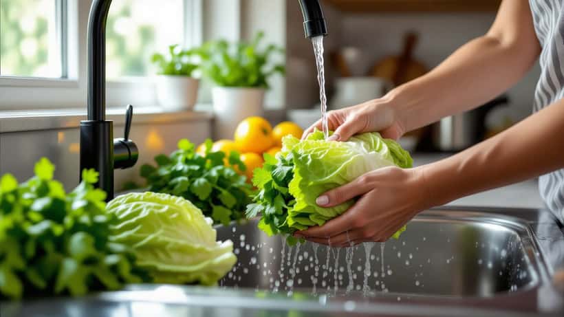 Fresh cilantro and lettuce washed under running water for food safety