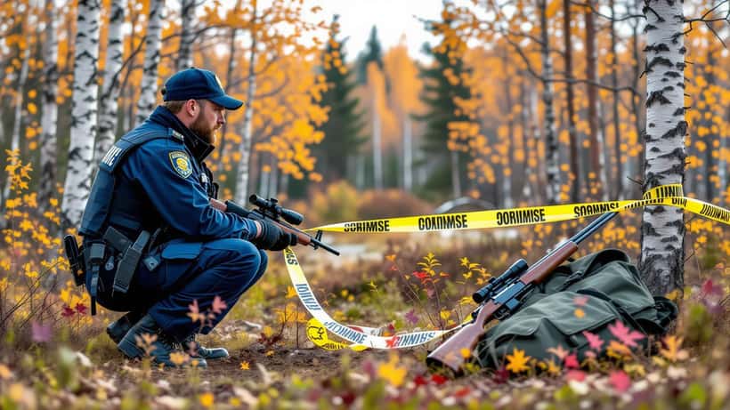 Norsk politi ved avsperningstape i høstskog etter skyting under jakt ved Halden