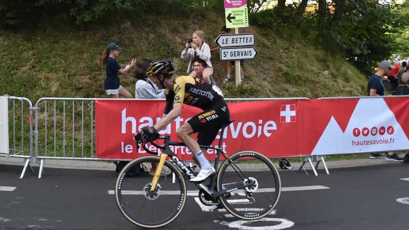 Professional cyclist Sepp Kuss racing in the Tour de France mountains