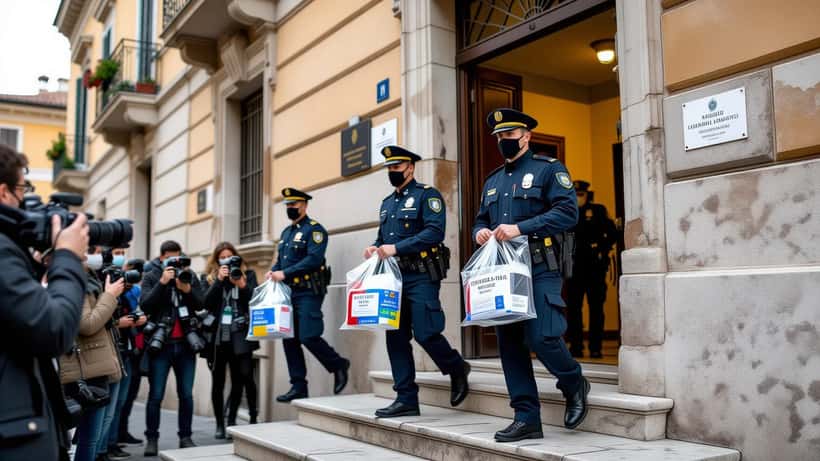 Carabinieri ROS con borse di prove sequestrate escono da un palazzo romano durante un'operazione della DDA