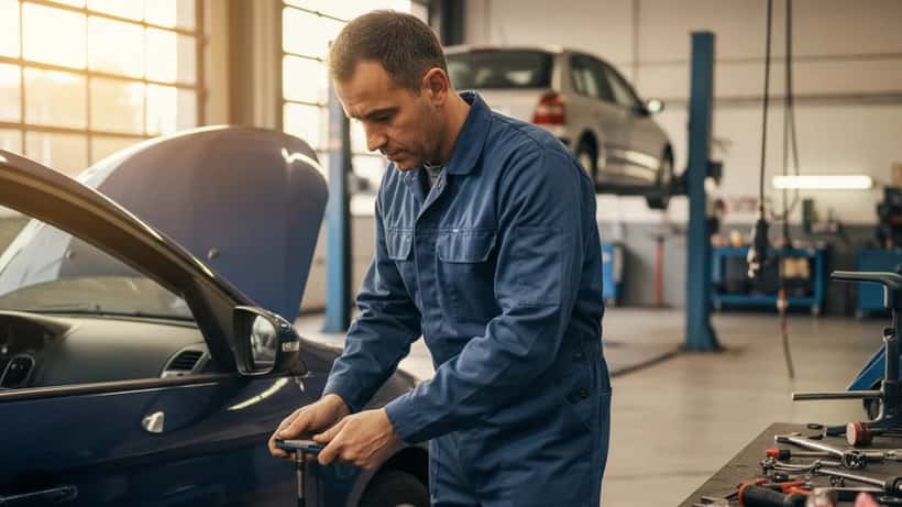 Mécanicien en bleu de travail vérifiant la pression des pneus dans un garage à Lyon avant les vacances de Pâques