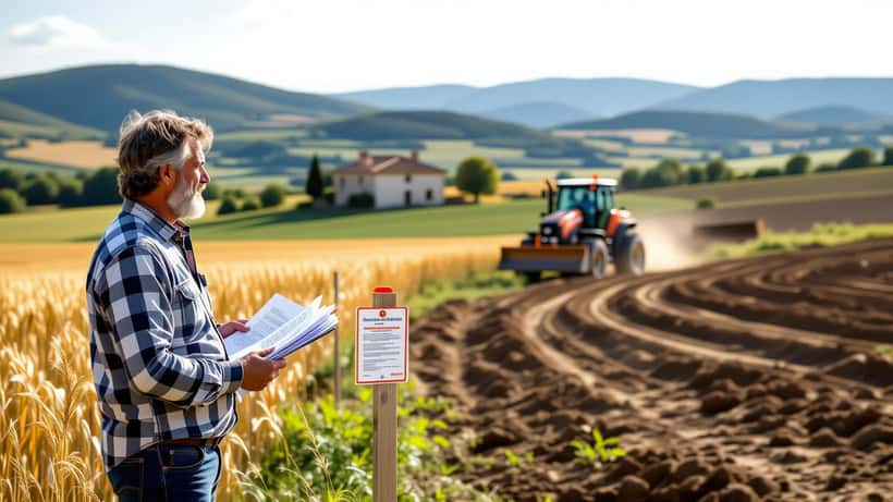 Riverain devant le chantier de l'autoroute A69 dans le Tarn, Occitanie, avec documents juridiques