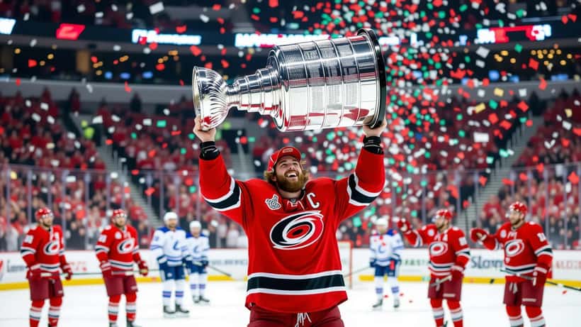 Nikolaj Ehlers nostaa Stanley Cupin PNC Arenalla Raleighissa kesäkuussa 2026