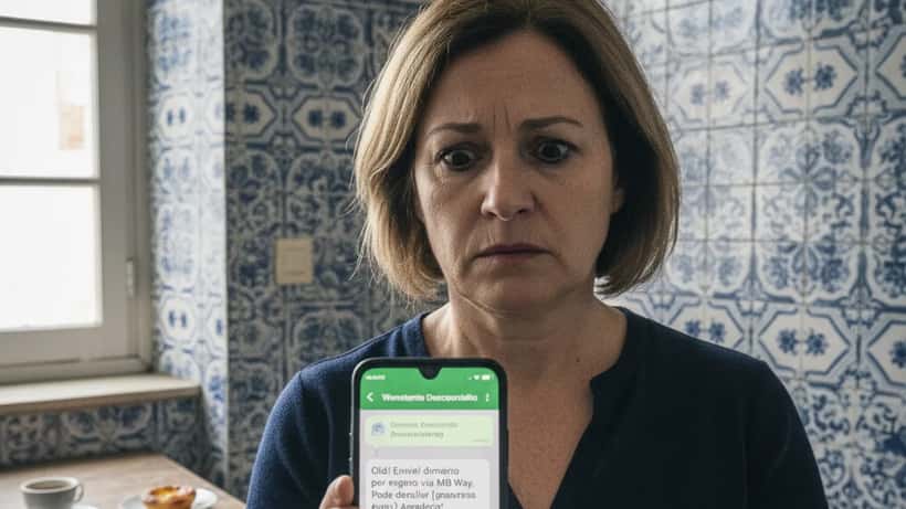 Mulher portuguesa a analisar mensagem suspeita no telemóvel relacionada com burla MB Way