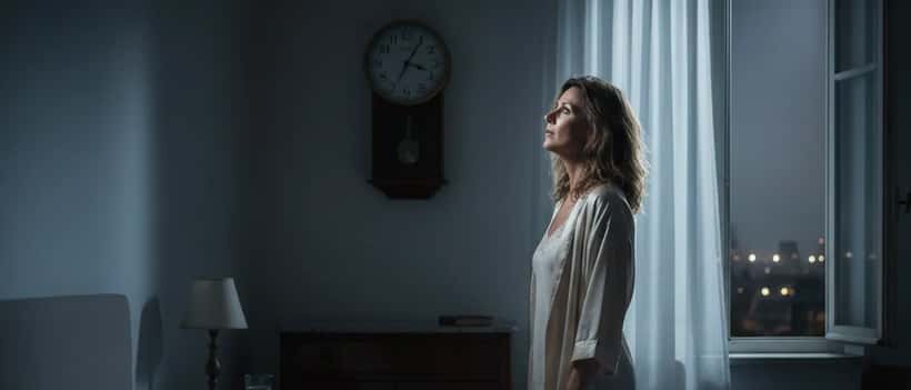 Donna italiana di notte che guarda l'orologio, stanca dopo il cambio ora
