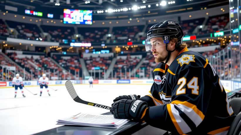 Jääkiekkoilija Ilves-pelipaidassa tutkii pelaajasopimusta jääkiekkoareenalla Tampereessa