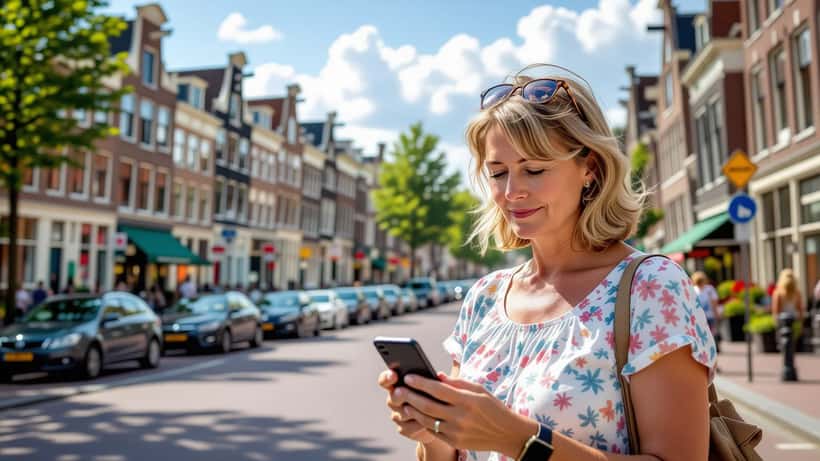 Vrouw controleert hittemelding op smartphone in Amsterdam tijdens El Niño hittegolf 2026