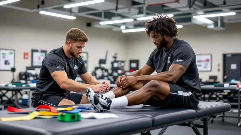 Athletic trainer taping a football player's ankle in a team training room