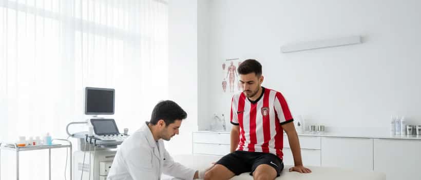 Médico de medicina desportiva portuguesa a examinar a perna de um jogador de futebol