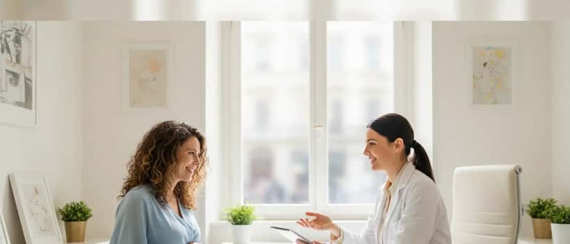 Donna italiana in consulto prenatale con ginecologa in studio medico moderno
