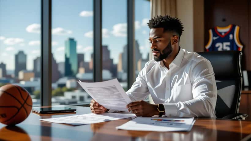 NBA player reviewing financial contract documents in a Houston advisor office