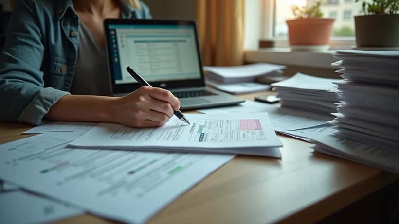 Frau prüft Steuererklärungsunterlagen am Schreibtisch mit Laptop und FinanzOnline-Portal