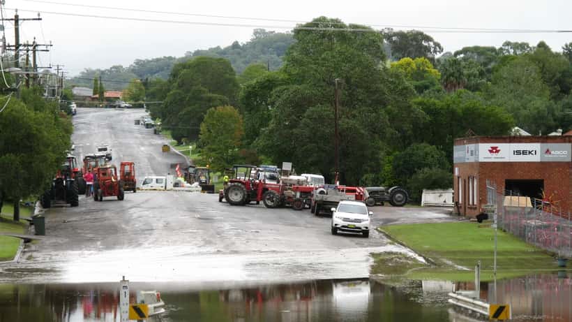 Floodwaters inundating a residential street in Dungog, New South Wales, Australia