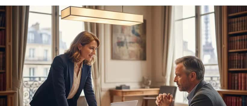 Avocat français conseillant un client inquiet dans un cabinet parisien