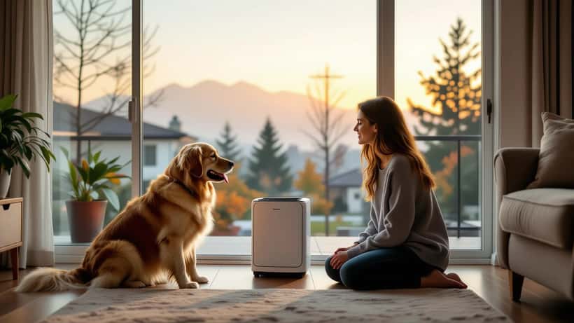 Worried owner beside a panting dog indoors as wildfire smoke hazes the window of a suburban home