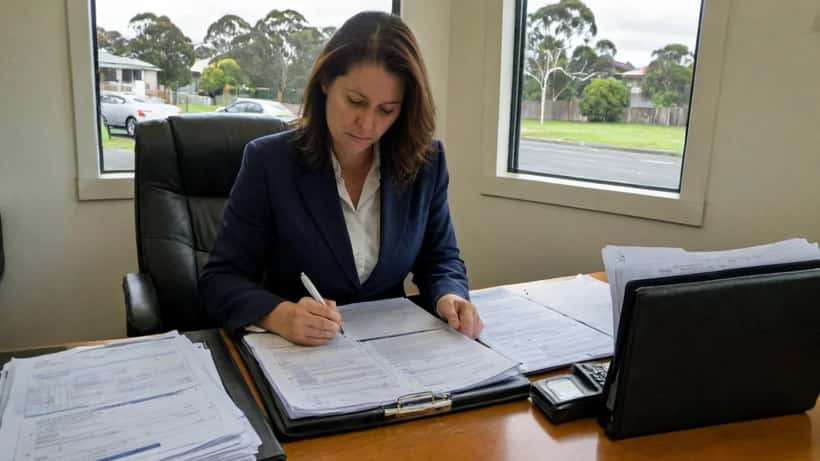 Australian family lawyer reviewing domestic violence protection order documents in a law office