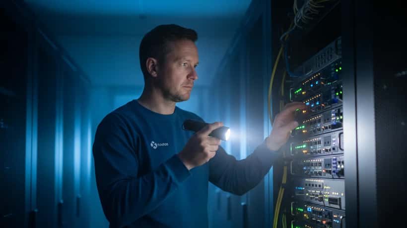 IT-tekniker kontrollerar serverutrustning med ficklampa under strömavbrott i Göteborg