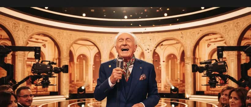 Anziano cantante italiano sul palco di un programma televisivo