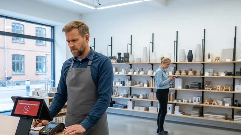 Butiksindehaver i København ser fejlmeddelelse på betalingsterminal under Nets-nedbrud marts 2026