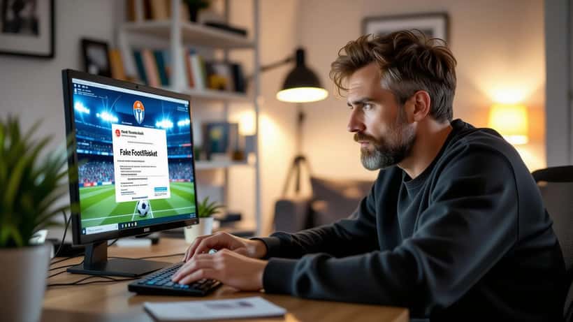 Man bekijkt alarmerend een nep-ticketsite voor Galatasaray op zijn laptop met creditcard op tafel