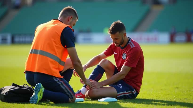 Sportsfysioterapeut behandler fodboldspillers ankel på sidelinjen ved en dansk Superliga-kamp