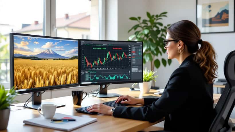Investisseur consultant des graphiques de prix des matières premières agricoles sur double écran en home office, El Niño 2026